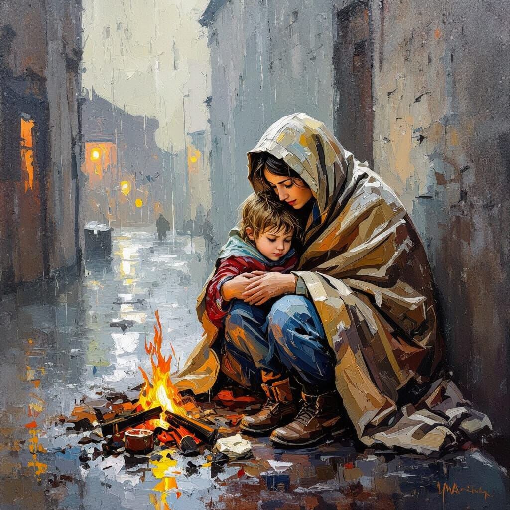 Impasto Painting of Mother and Child in Deserted Warehouse