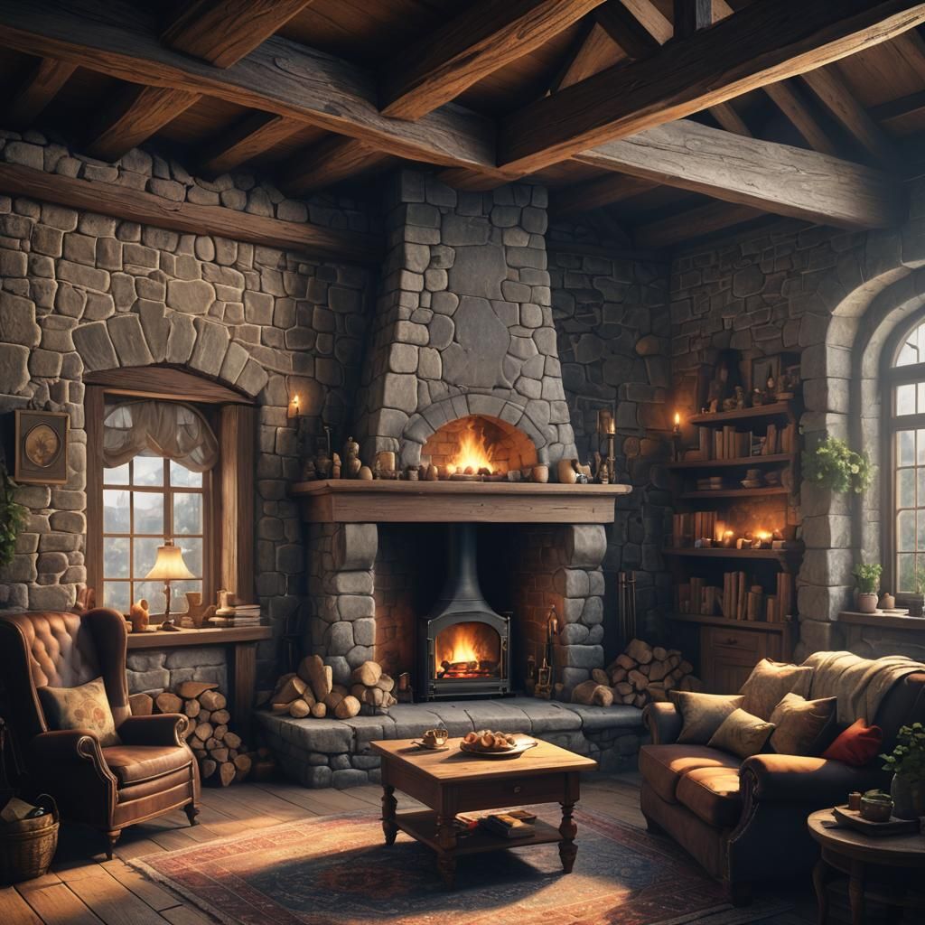 Stone fireplace