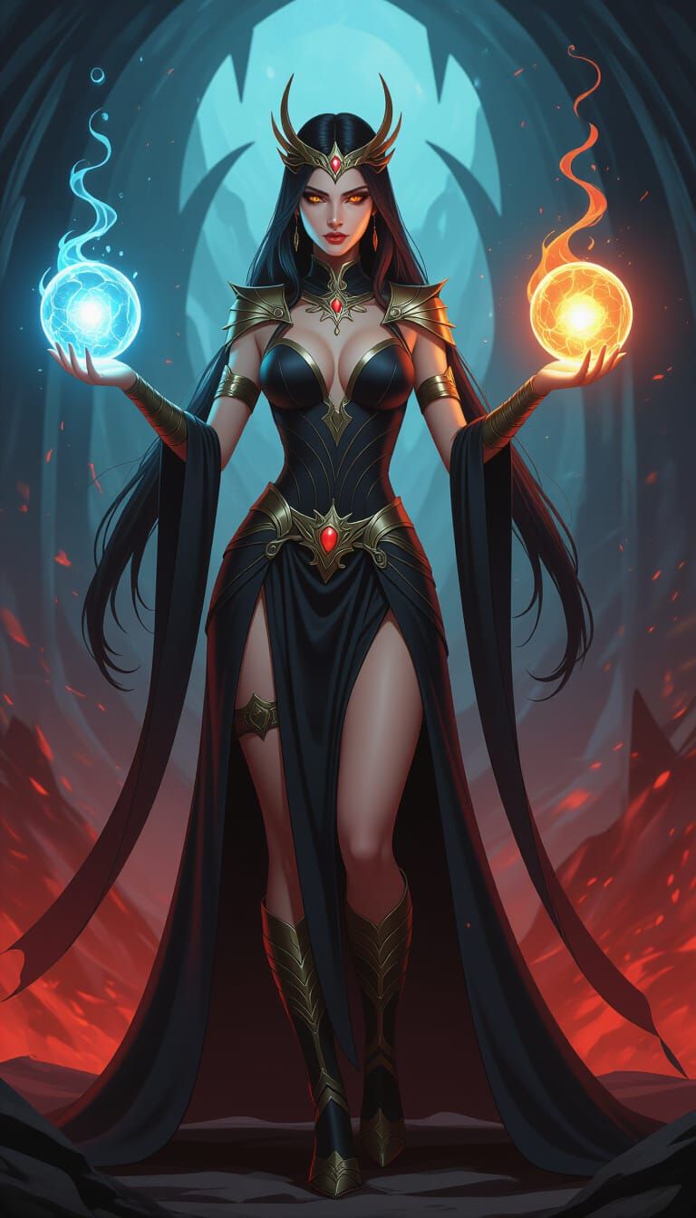 Dark Fantasy Sorceress with Glowing Orbs