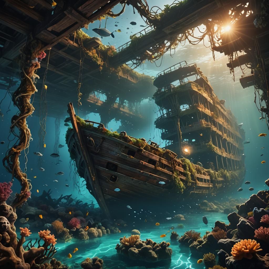 Underwater Shipwreck in Sunlight: Digital Matte Painting