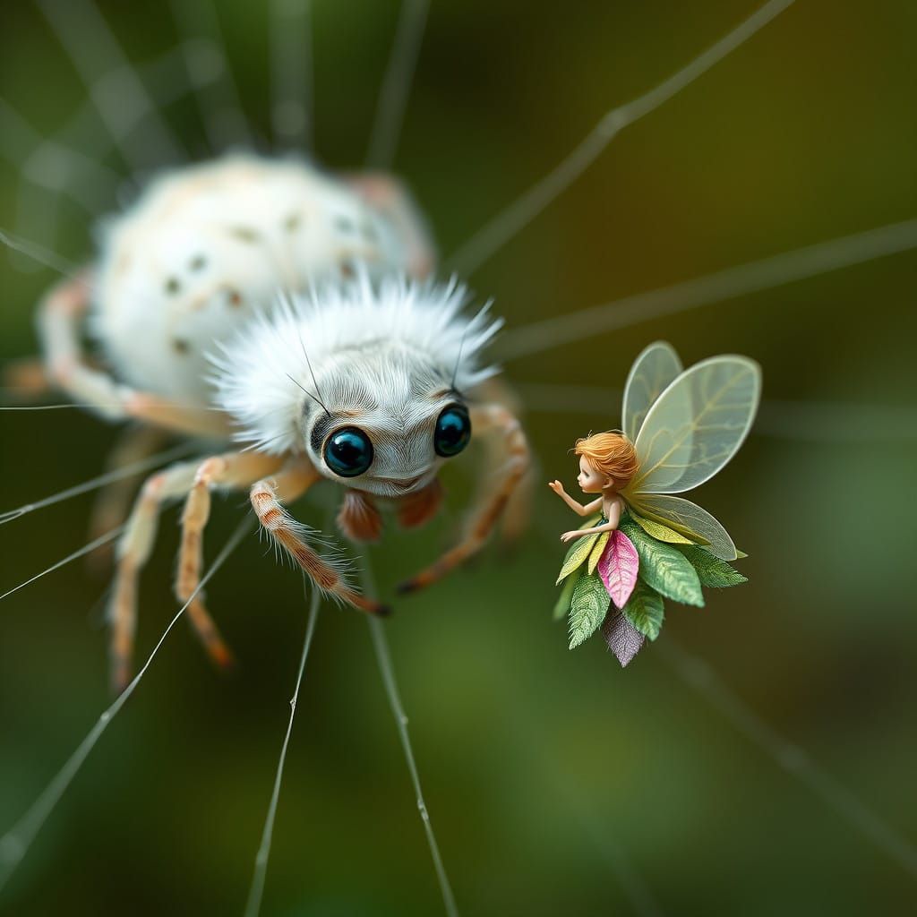 Whimsical Forest Encounter: Spider and Fairy in 8K Macro Pho...