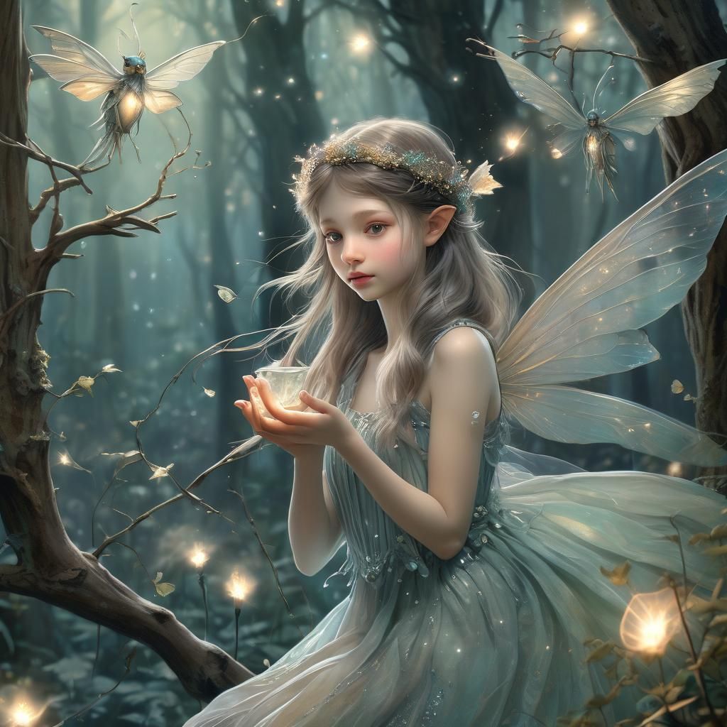 Tiny Fairy Holding a Thimble in Magical Forest