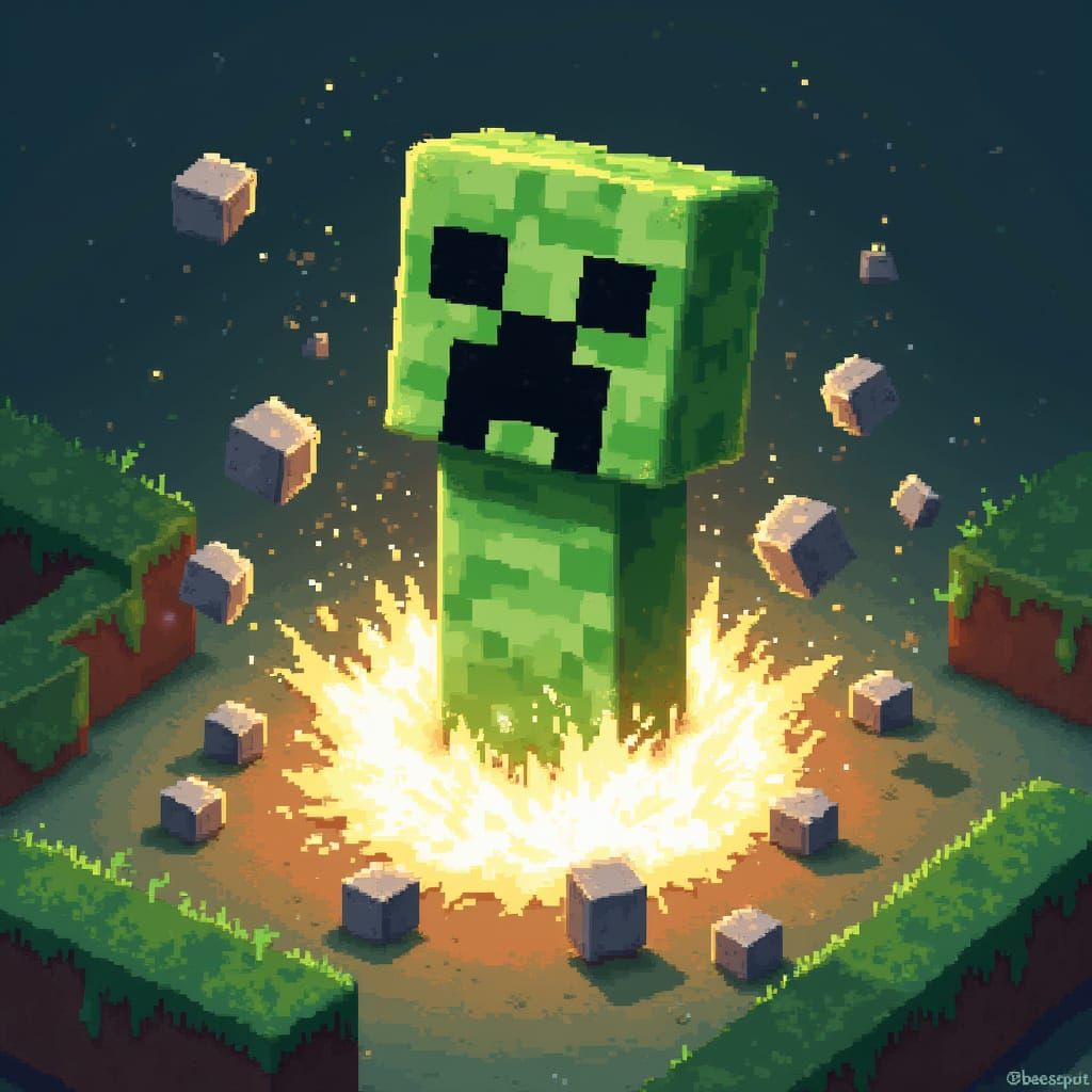 Minecraft Creeper Explodes in Neon-Lit Digital Art