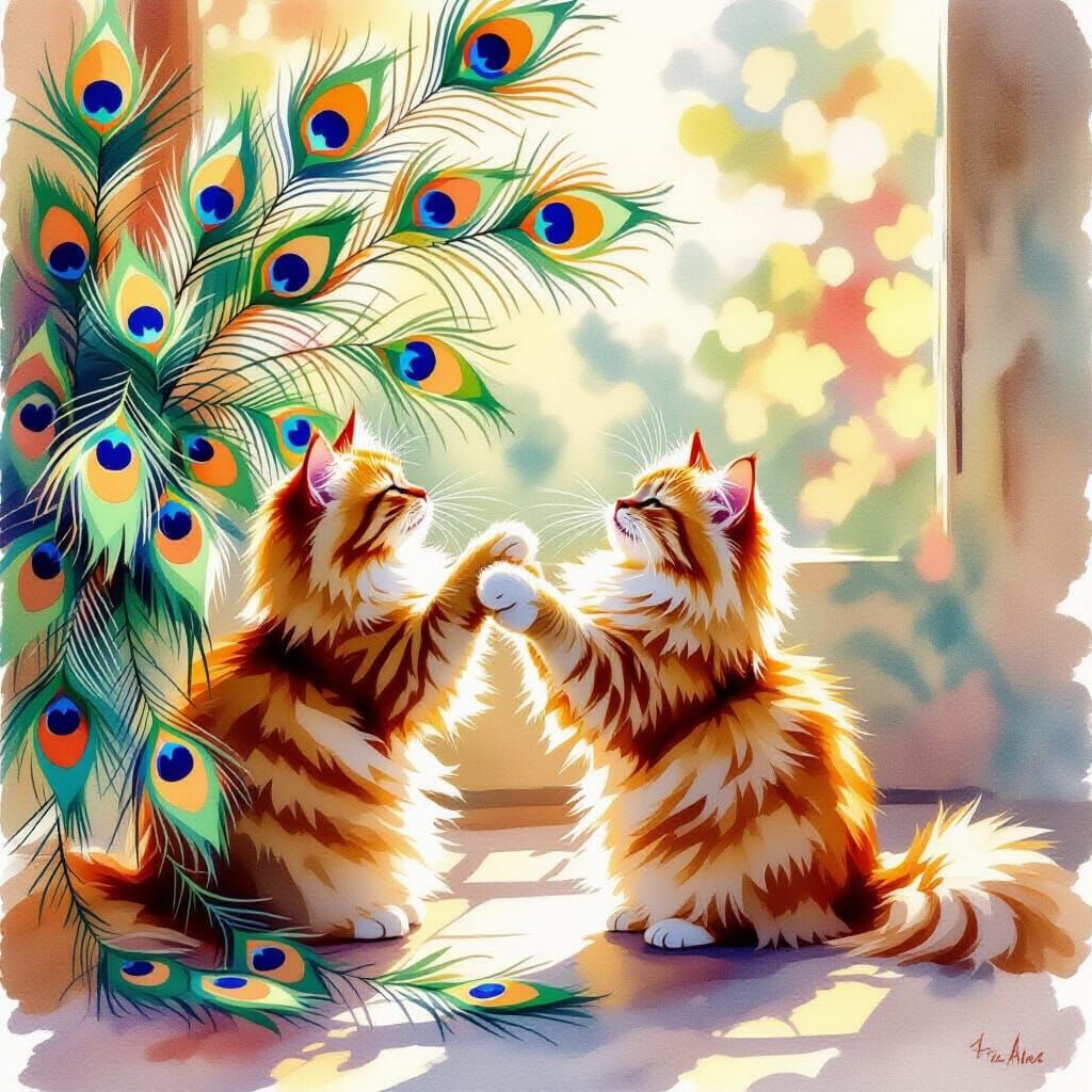 Ginger Cat Plays with Iridescent Peacock Feathers