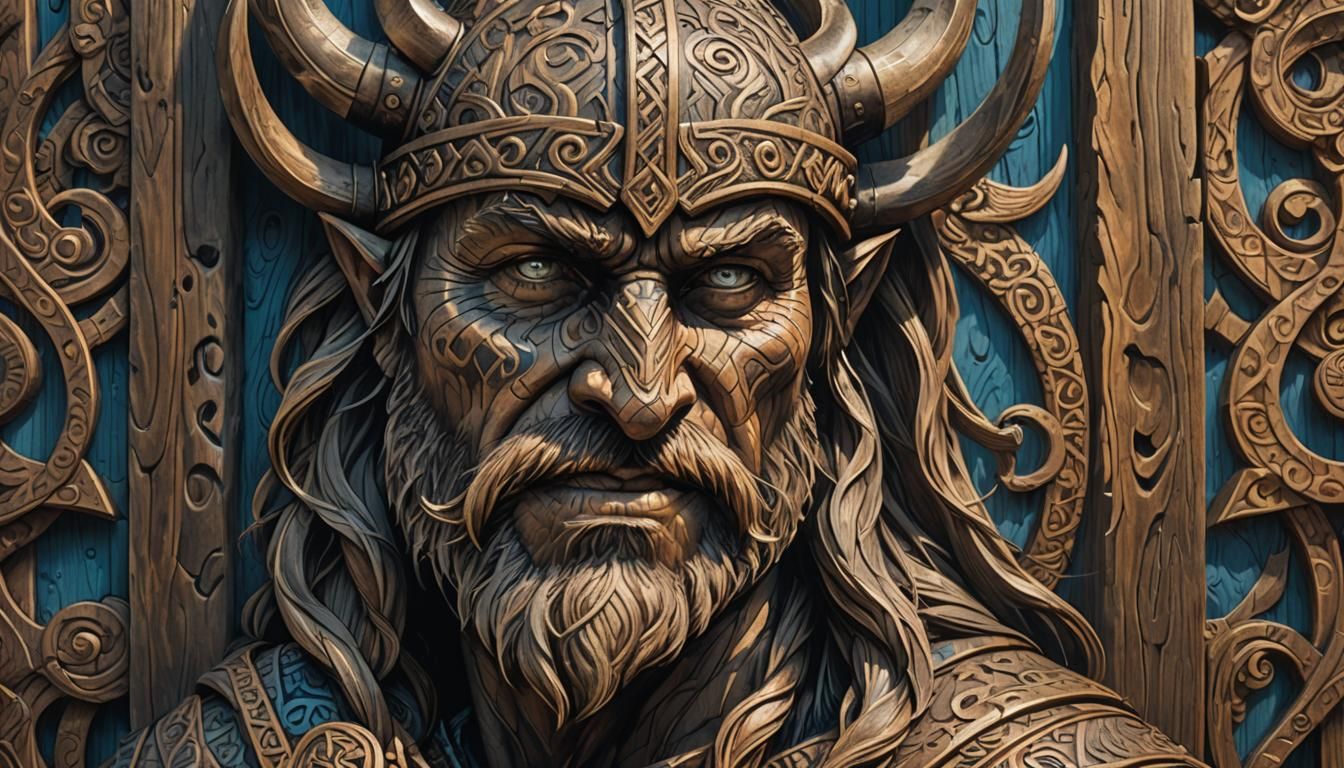 Dark Fantasy Viking Totem Carving in Oil Painting Style