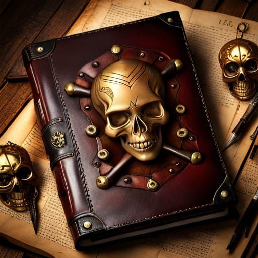 Ornate Pirate Book with Skull and Crossbones