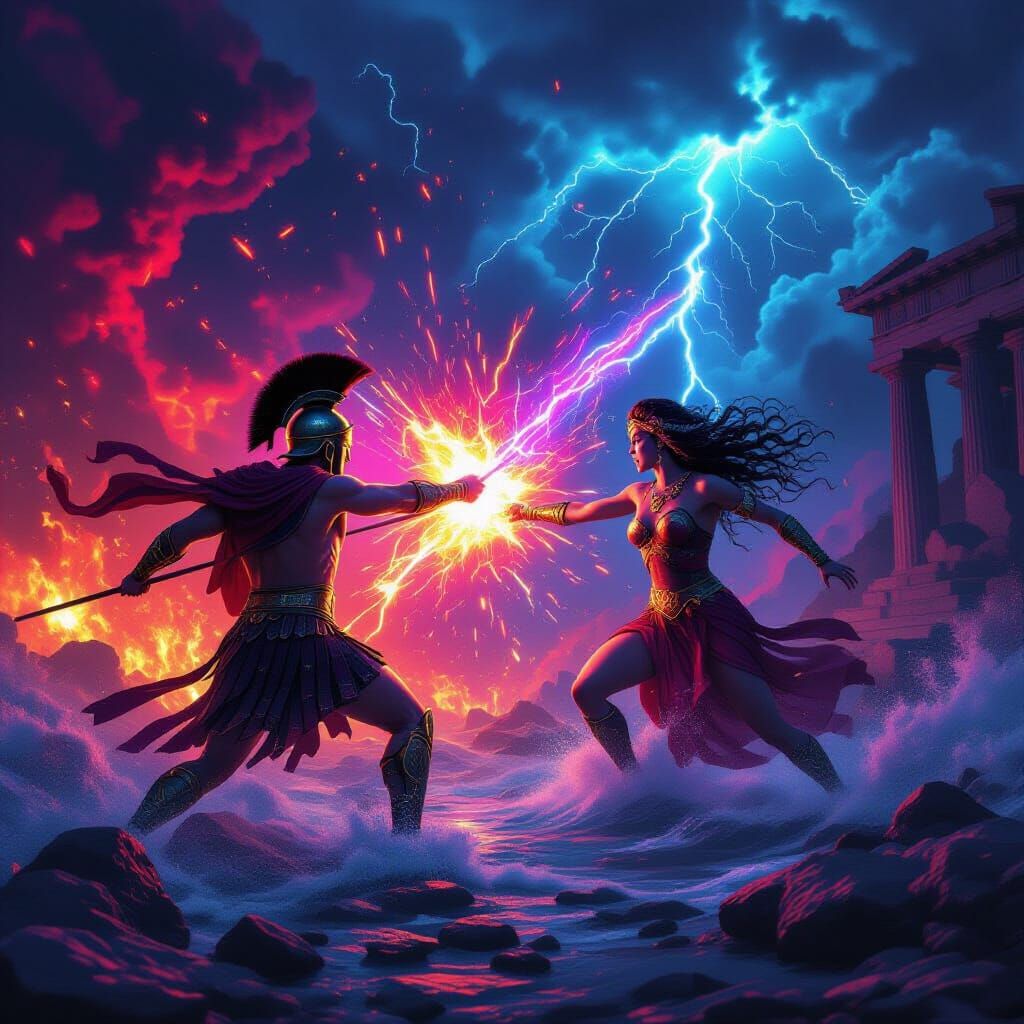 Orthus vs Medusa in Psychedelic Neon Ancient Greece