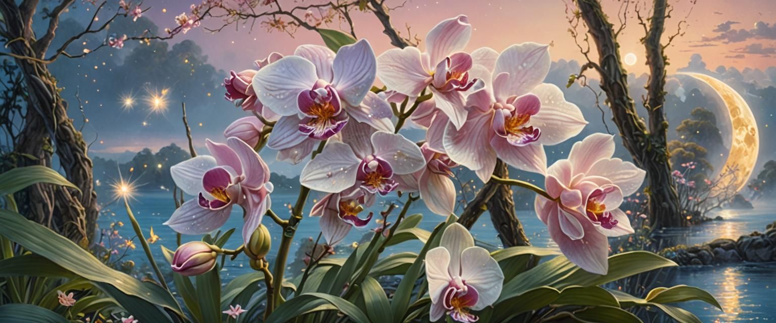 Hyperrealistic Pink Orchid with Fairy and Moon