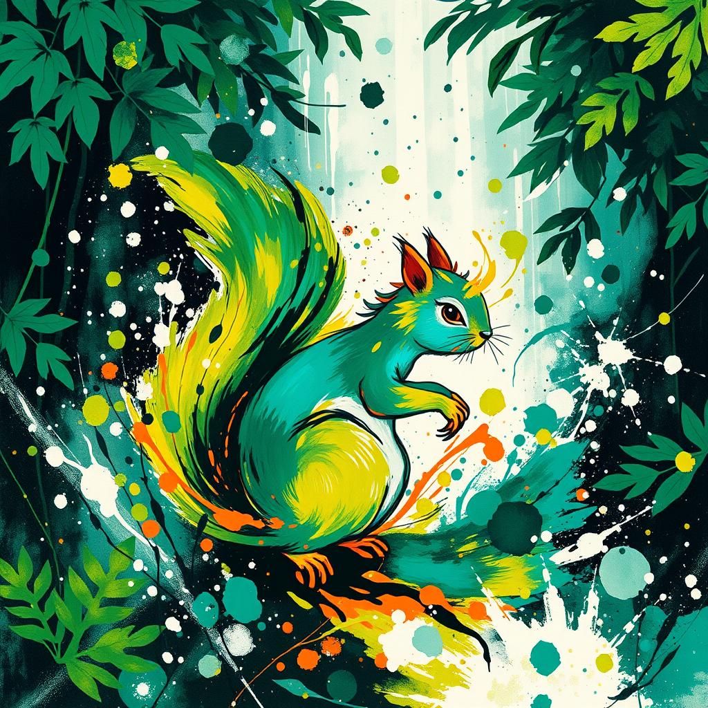 Rainforest Winter: Abstract Ink Drawing with Squirrel
