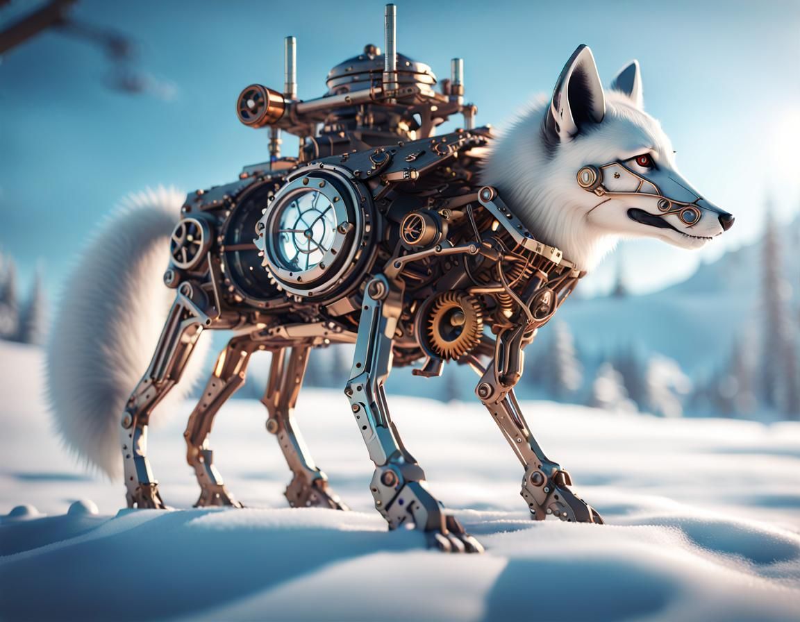 Steampunk Arctic Fox in Magical Winter Landscape