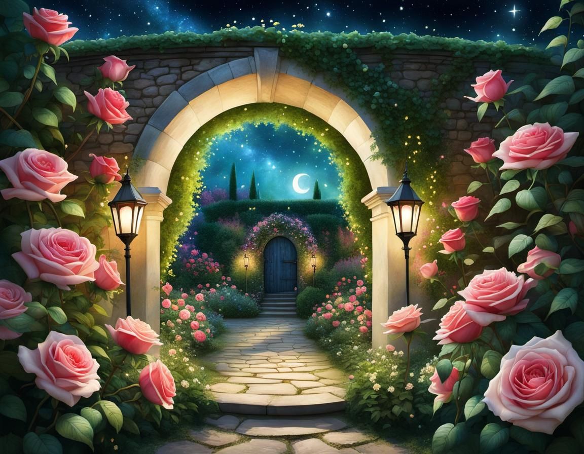 Magical Rose Garden Entryway in Digital Watercolor
