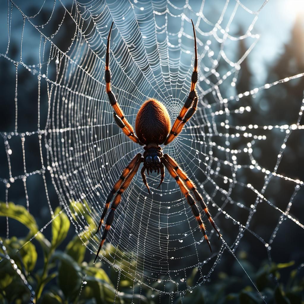 Terrifying Spider Woman in Dew-Kissed Web: Dark Fantasy Art