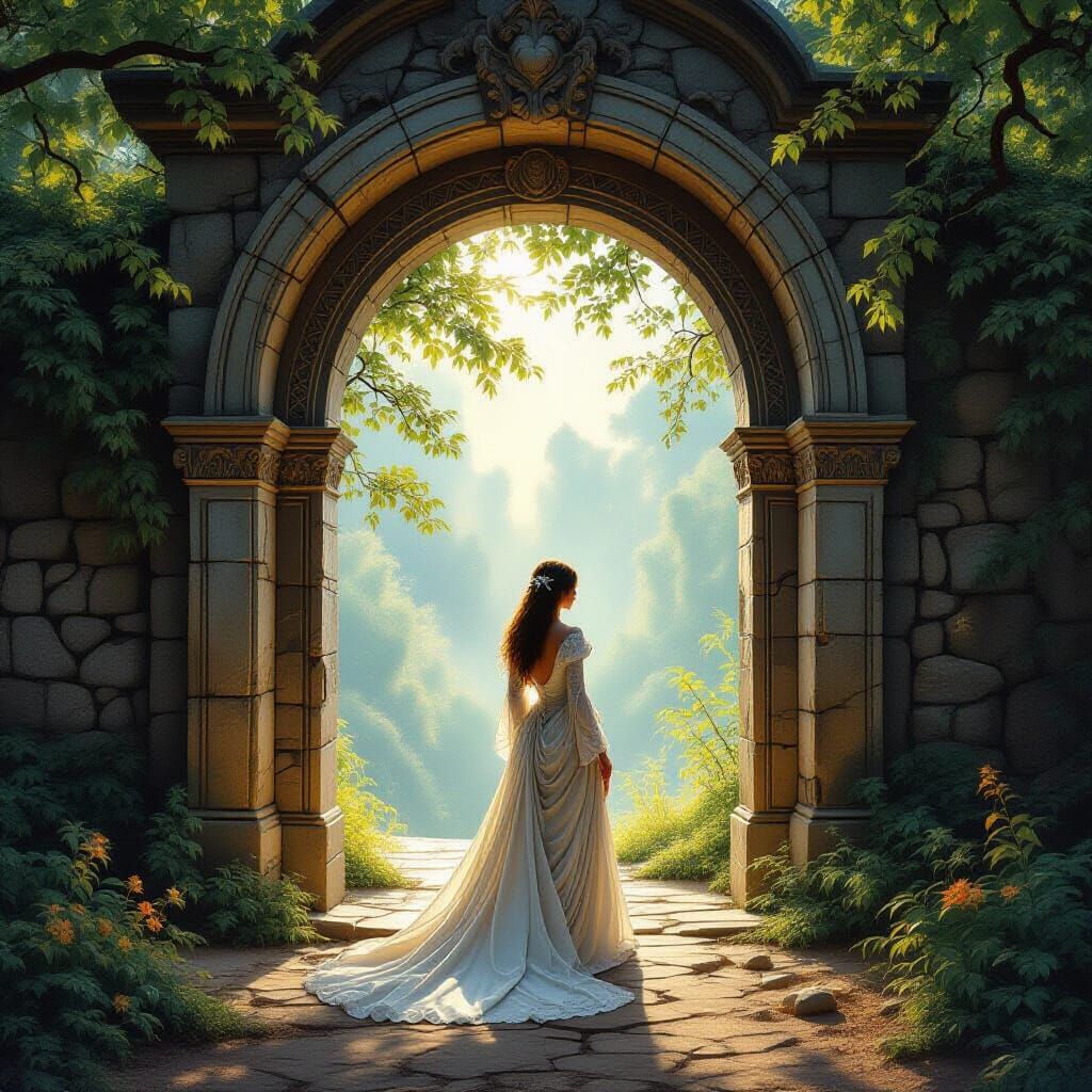 Woman in Historical Gown Before Ethereal Archway