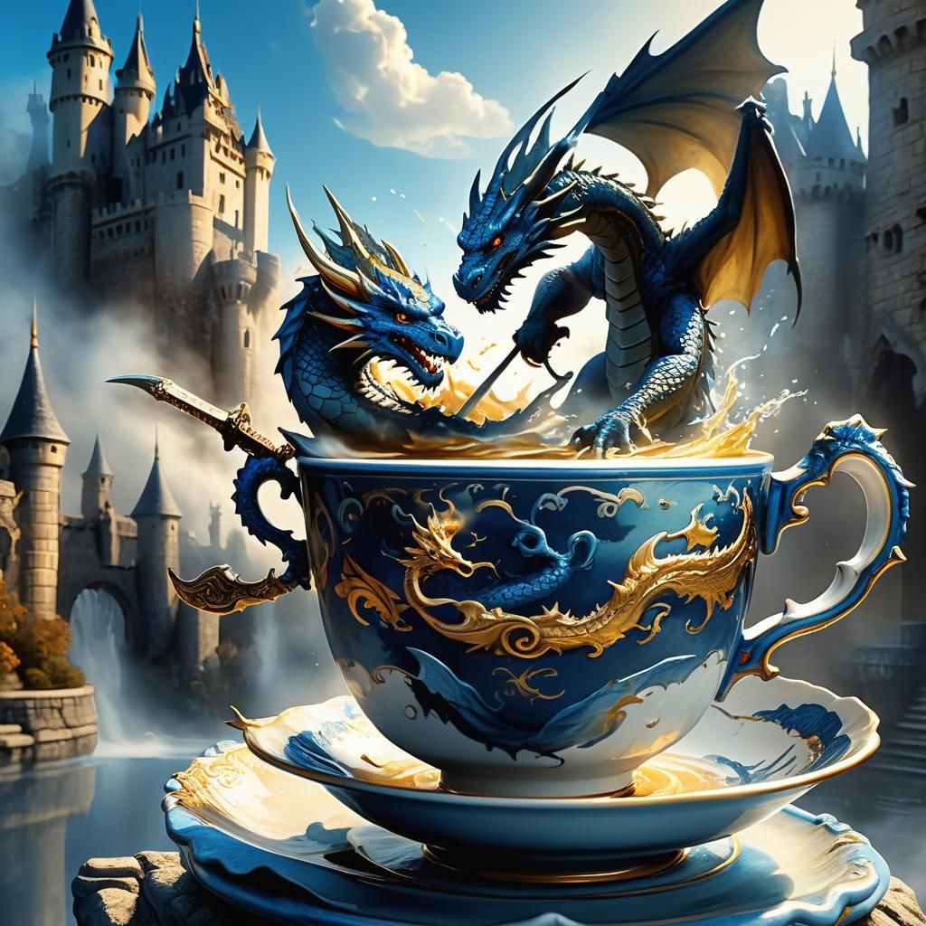 Dragon Knight Battle in Teacup, Fantasy Art