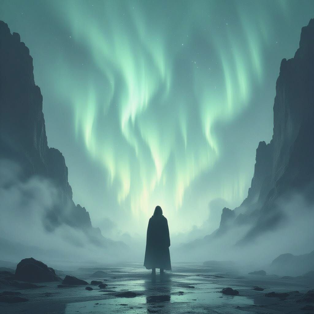 Threshold Figure in Eerie Futuristic Aurora