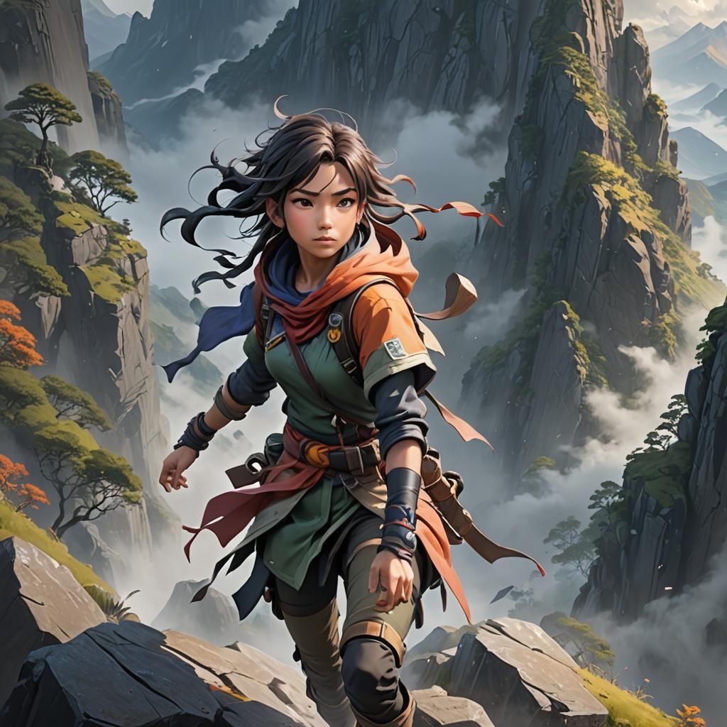 Young Adventurer Climbing Misty Mountain: Vibrant 3D Anime A...