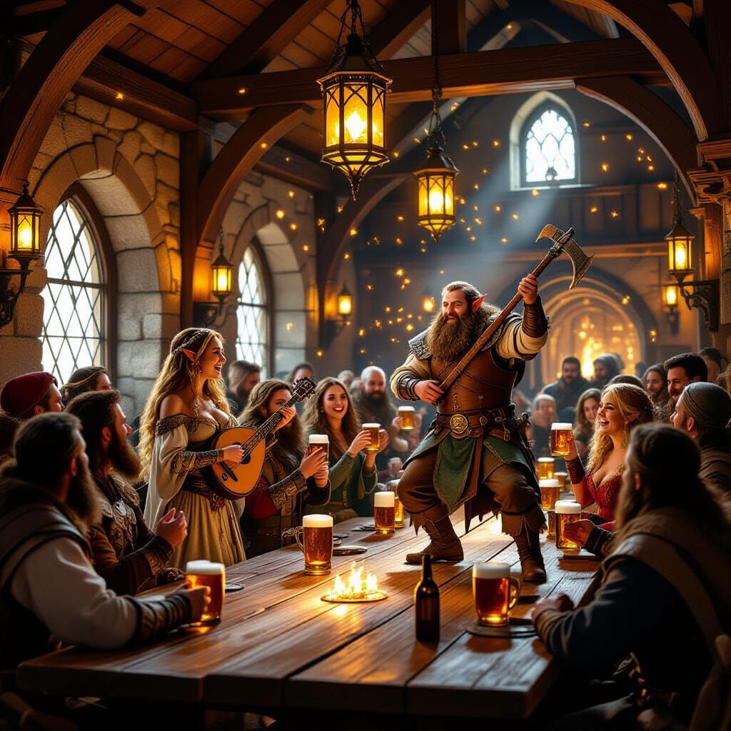 Medieval Tavern Scene with Elf Singer and Dancing Dwarf