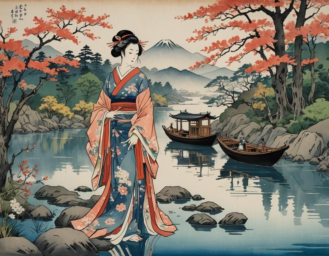 Ukiyo-e Style: Japanese Lady by River