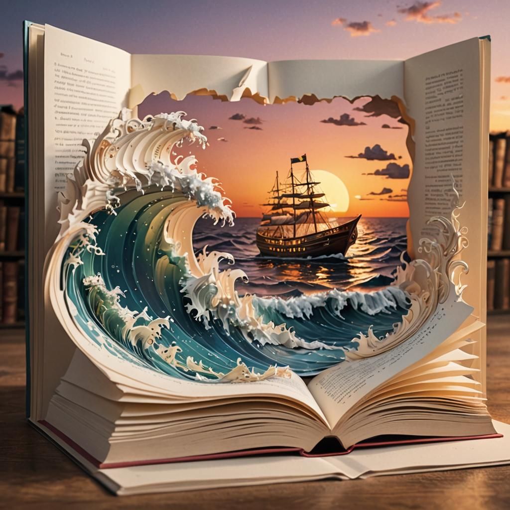 Pop-Up Book: Boat on Wave in Magical Library
