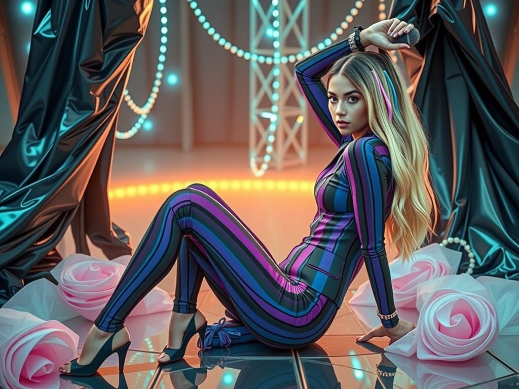 Pretty Woman in Striped Tuxedo with Pink and Blue Accents