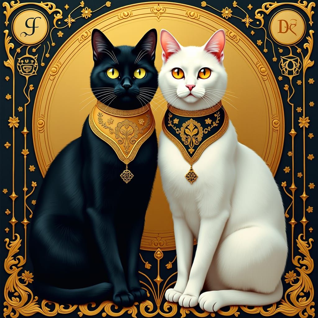 Yin Yang Cats in Klimt-Inspired Art Nouveau Style