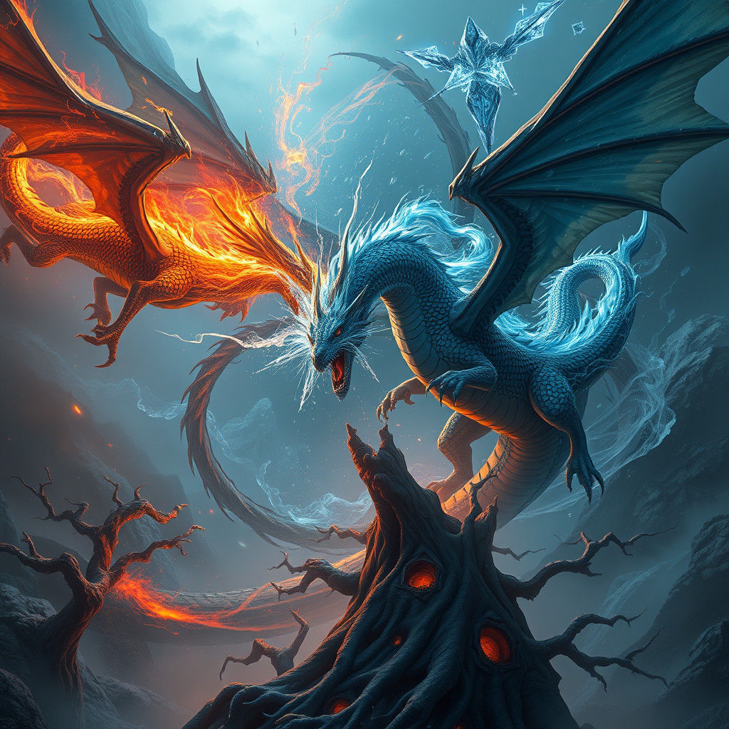 Elemental Dragons Clash in Mystical Landscape