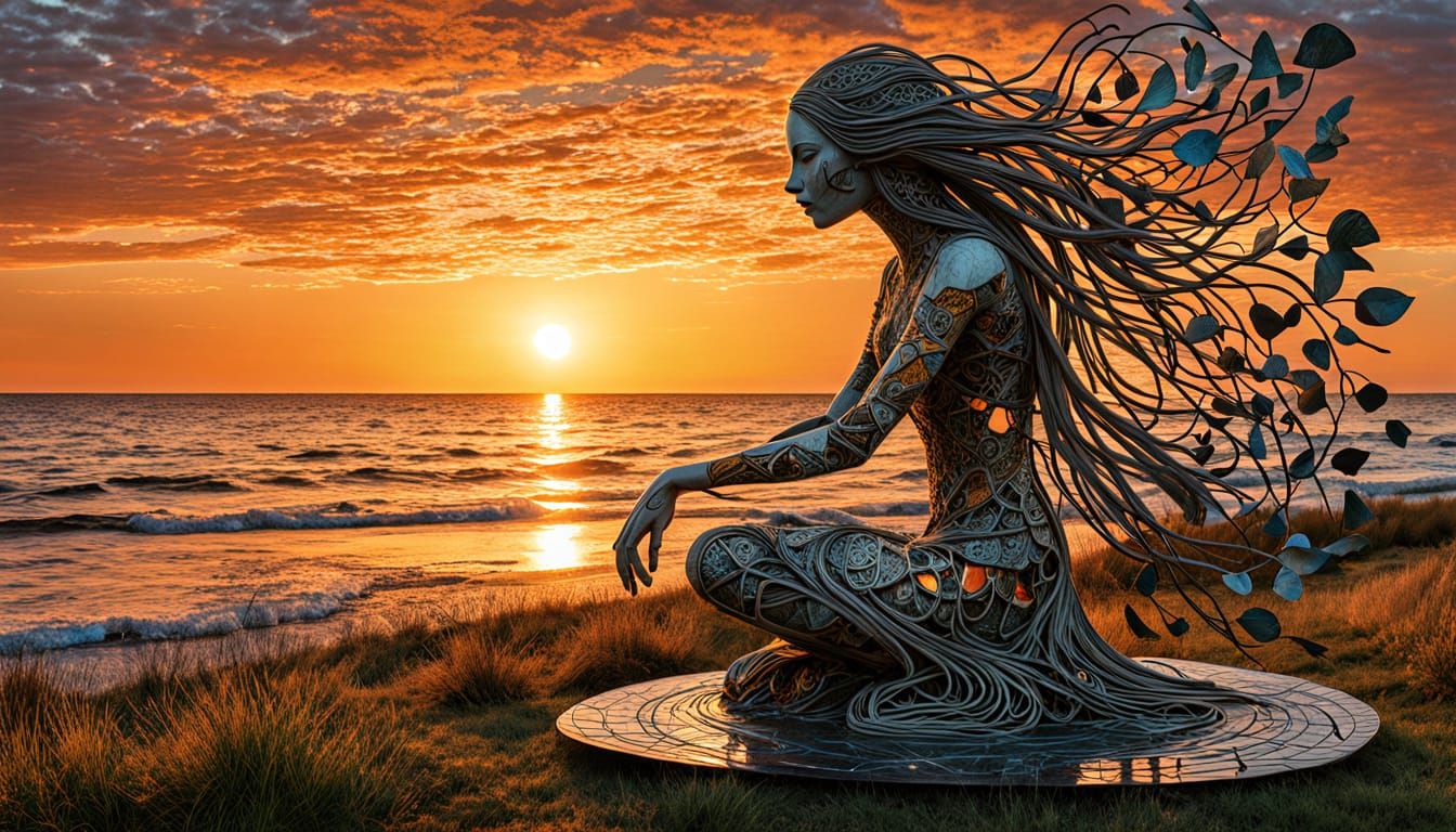 Surreal Fragmented Sculpture of Woman at Sunset