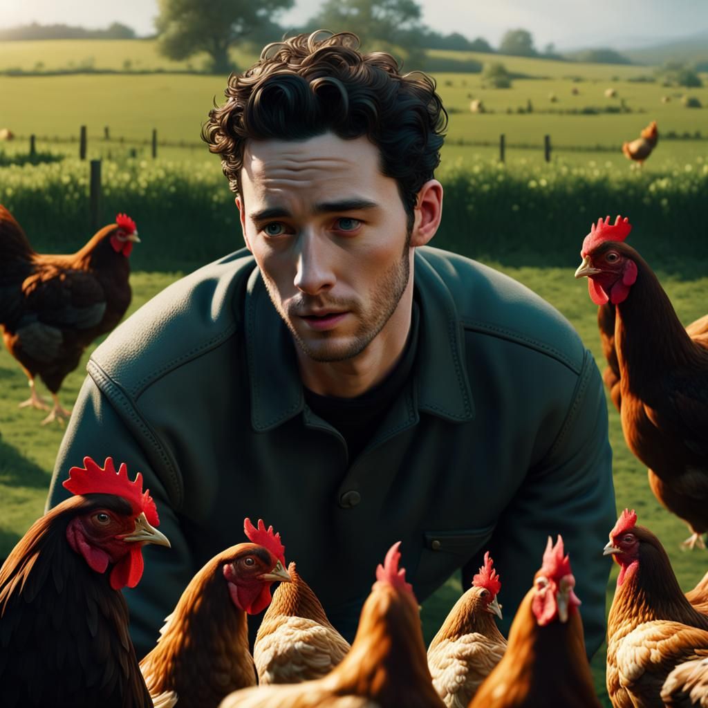 Josh O'Connor with Chickens: Hyperrealistic Cinematic Portra...
