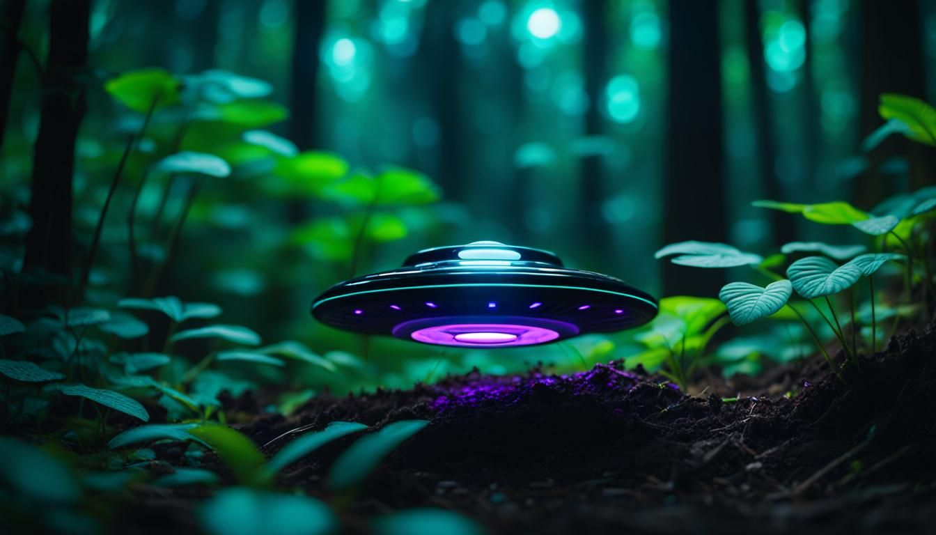 Miniature Neon Flying Saucer Hovering in Jungle