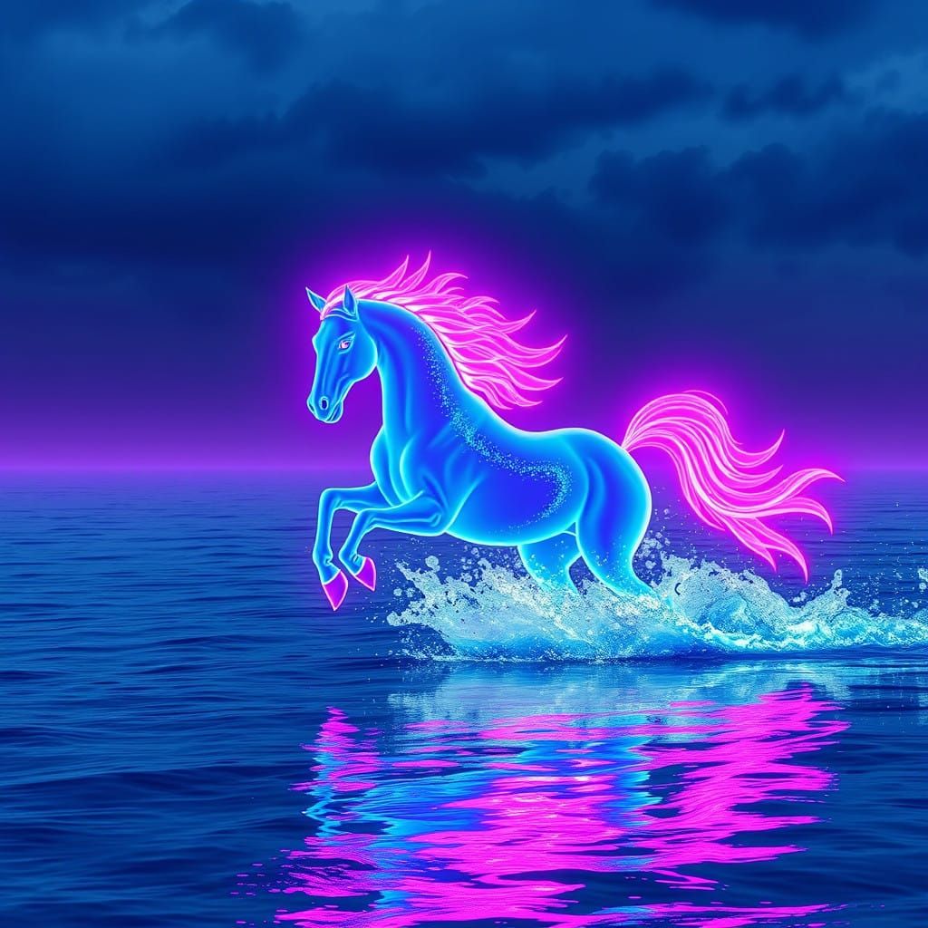 Surreal Blue Water Horse Gallops Across Neon Waves
