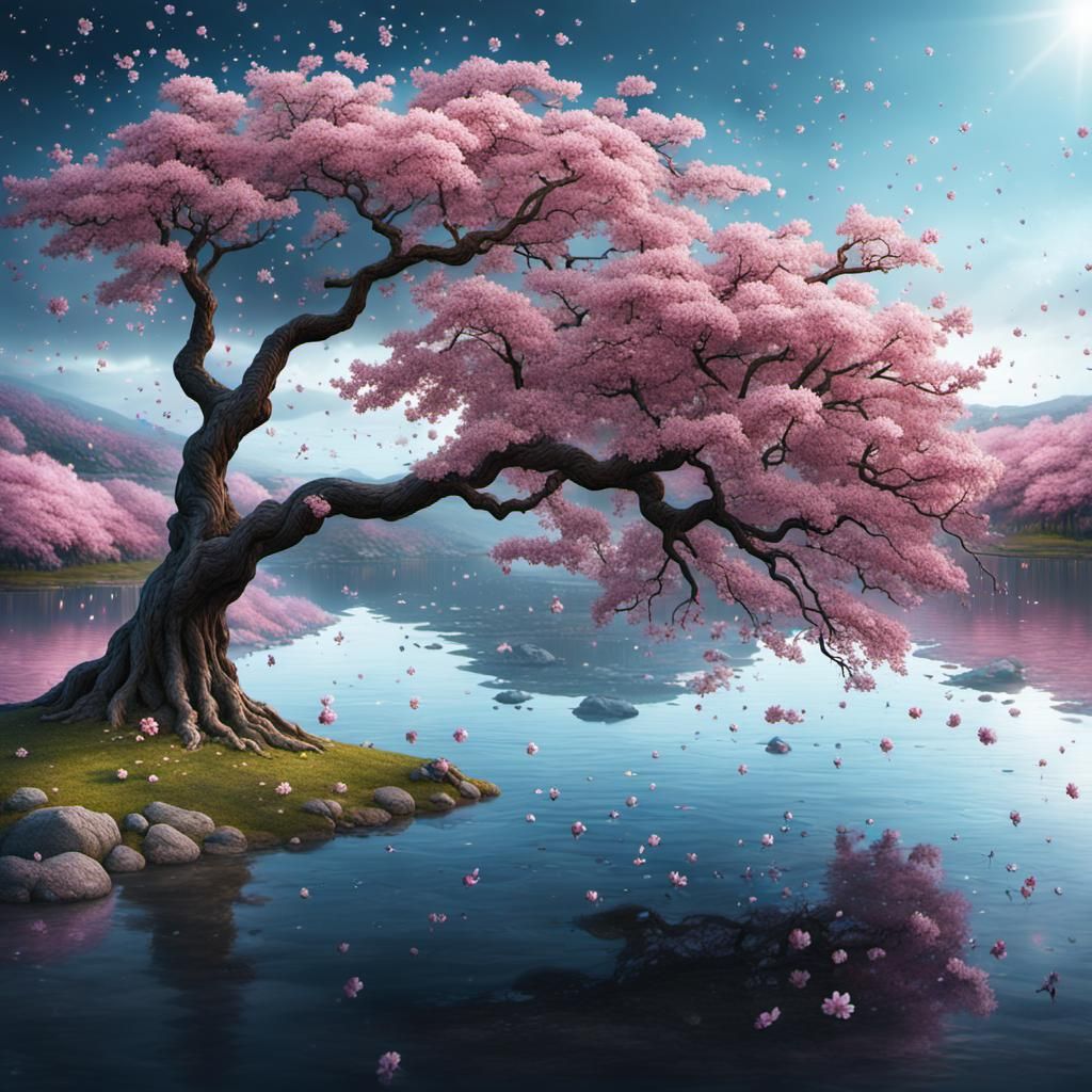 Cherry Blossom Tree Over Lake: Digital Matte Painting
