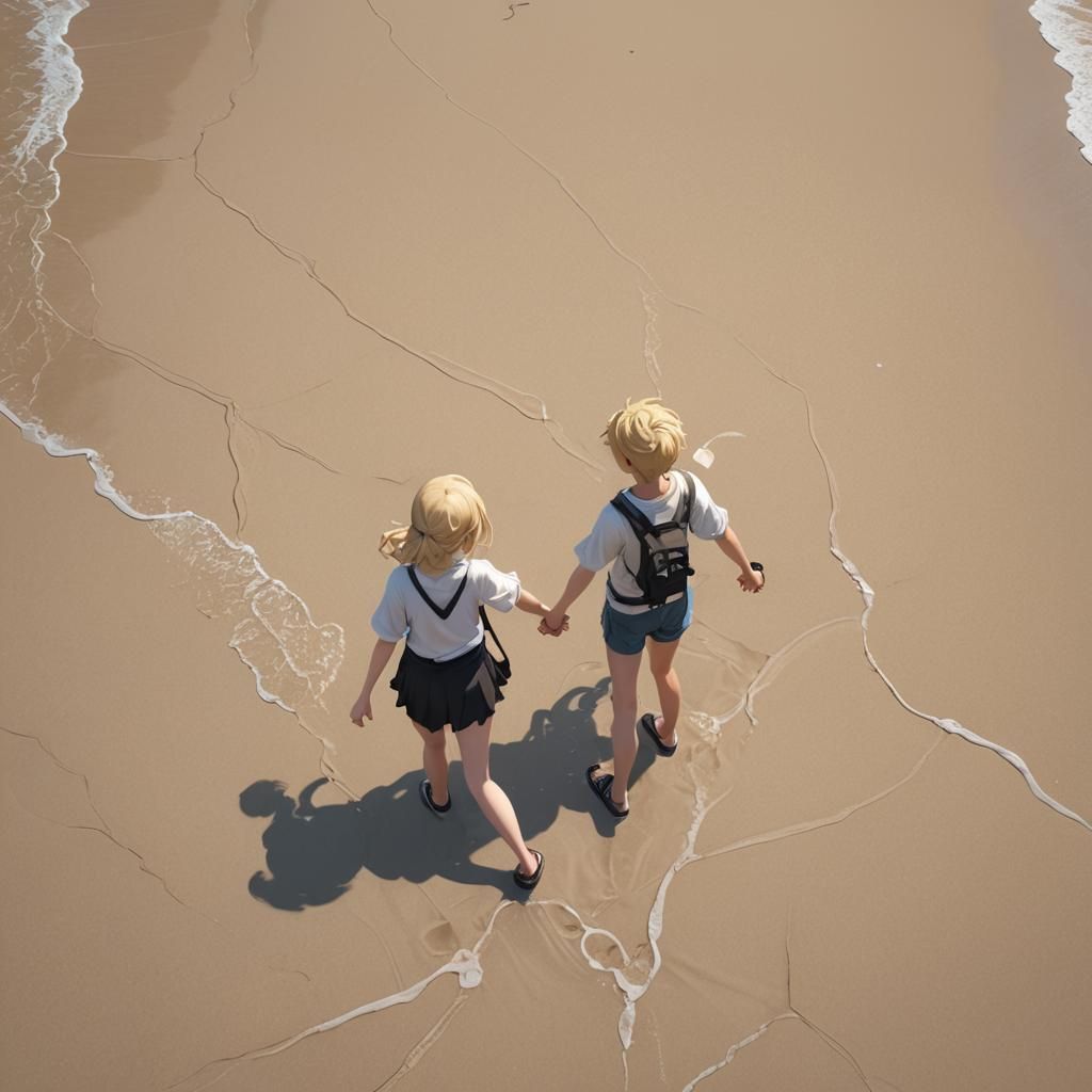 Teenagers Holding Hands at the Beach in 3D Anime Art
