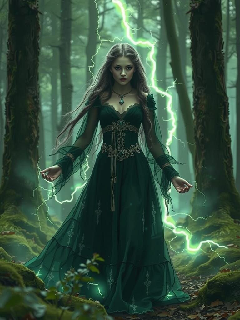 Ethereal Sorceress in Radiant Green Lightning