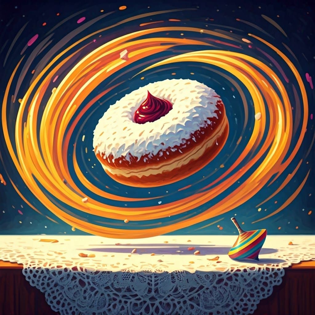 Vibrant Watercolor Donut with Menorah and Spinning Top