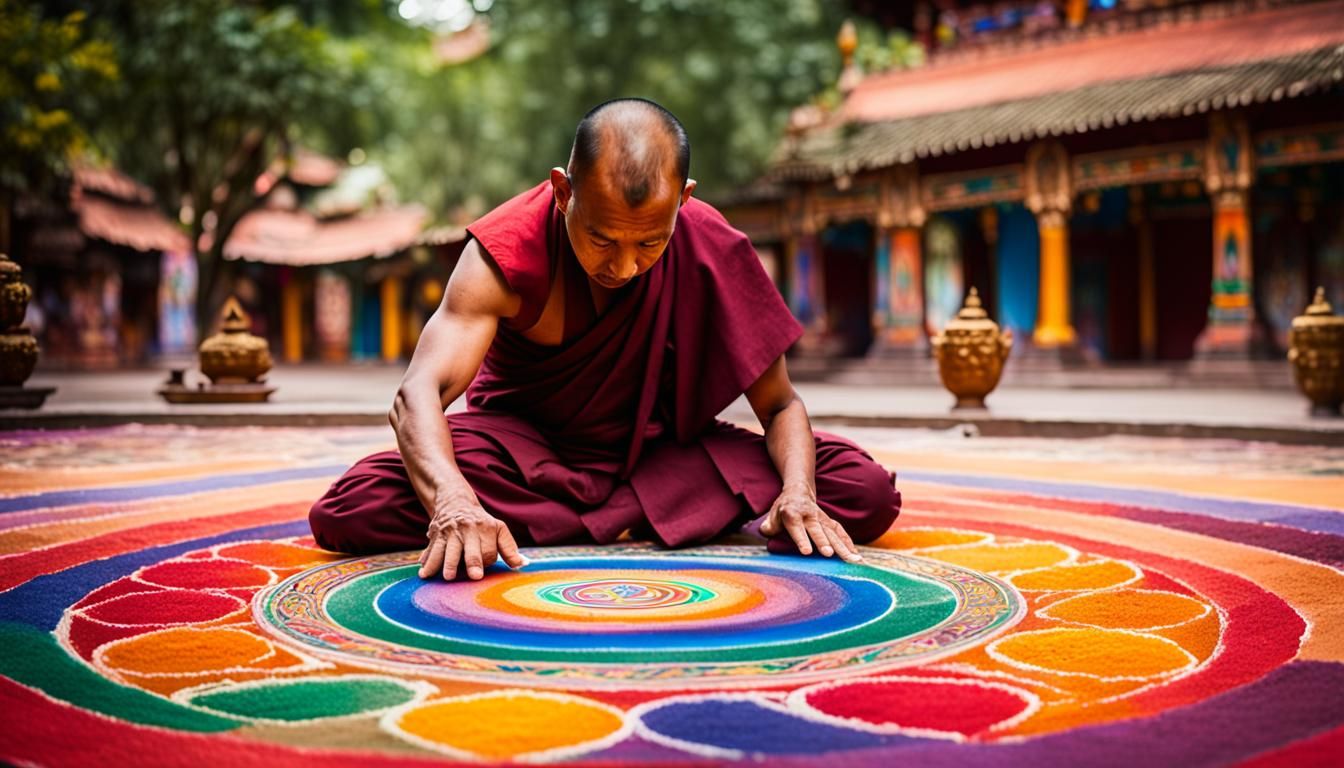 Monk Creates Colorful Sand Mandala in Temple