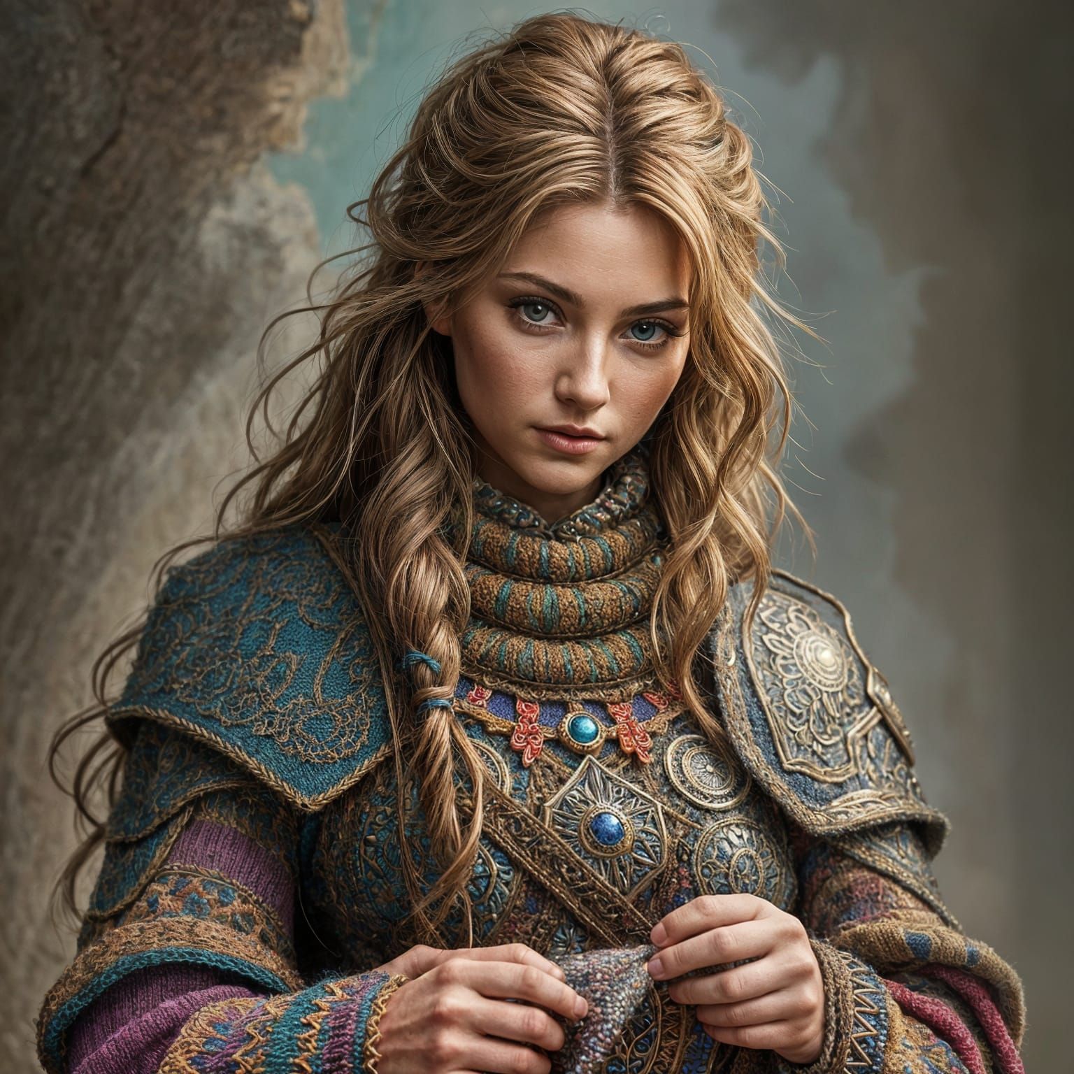 Hyperrealistic Warrior Queen Knitting a Sweater