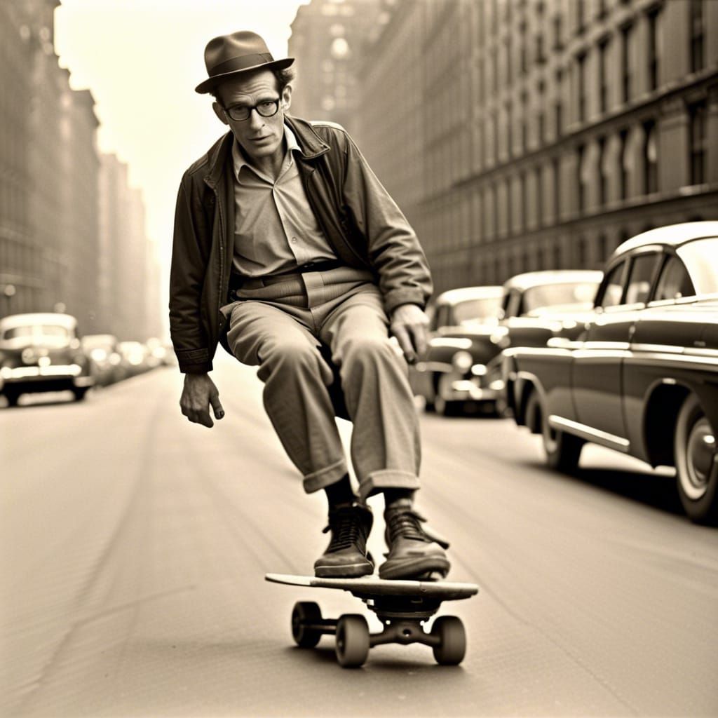 1950s Hipster on Rollerblades, Beat Generation Art