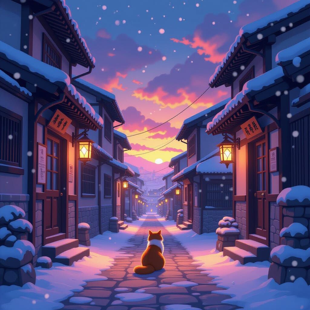 Snowy Ancient City Sunset with Cat in Studio Trigger Style
