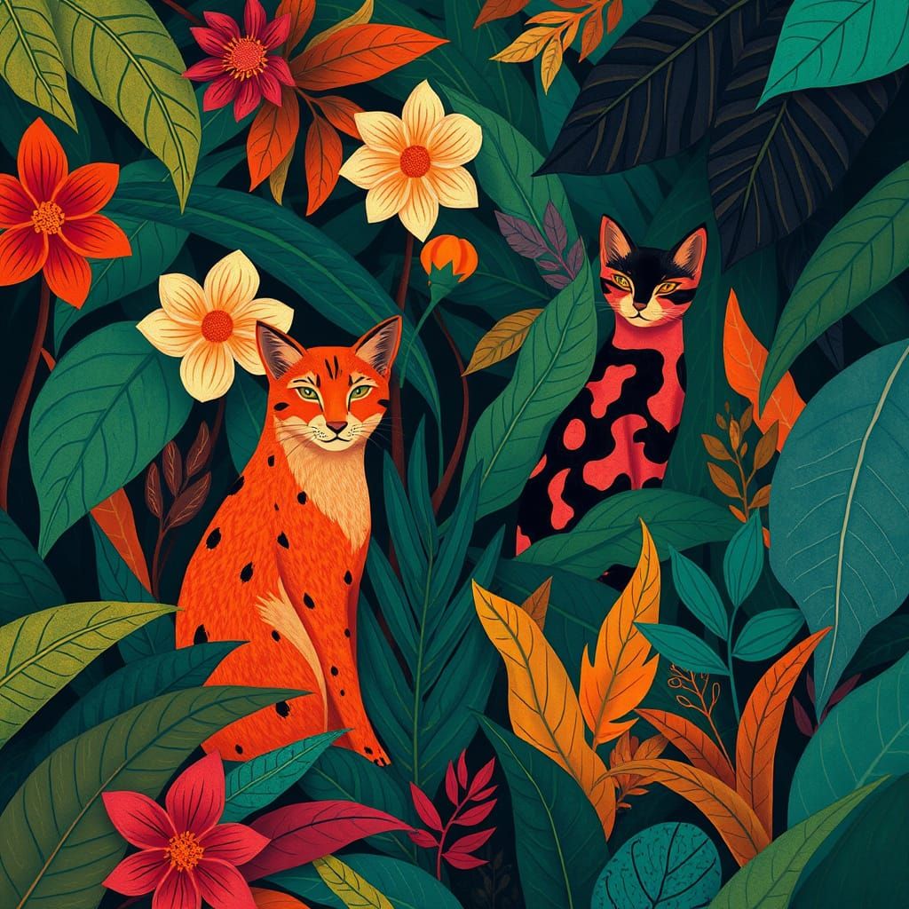 Lush Jungle Scene with Hidden Cats