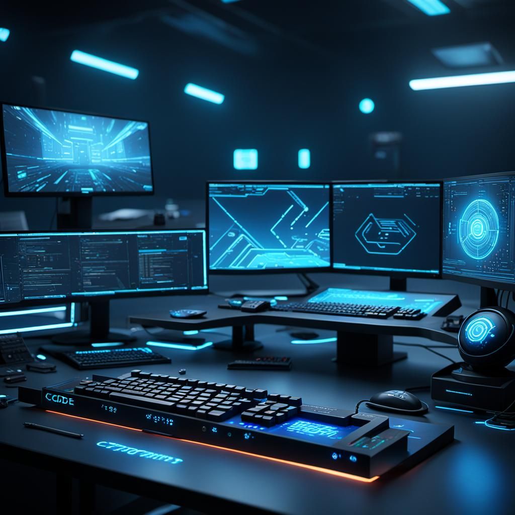Game Developer's Desk in Electric Blue Concept Art
