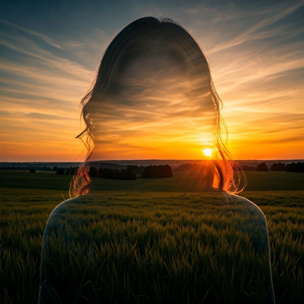 Double Exposure: Woman and Countryside Sunset