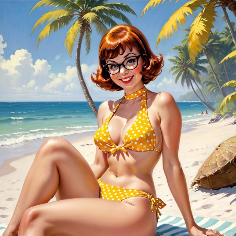 Velma Dinkley on Tropical Beach in Impressionistic Style