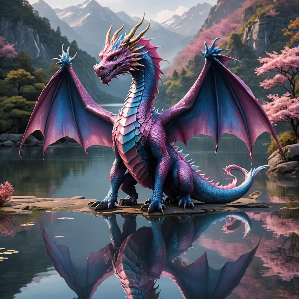 Majestic Pink and Blue Dragon by a Lake