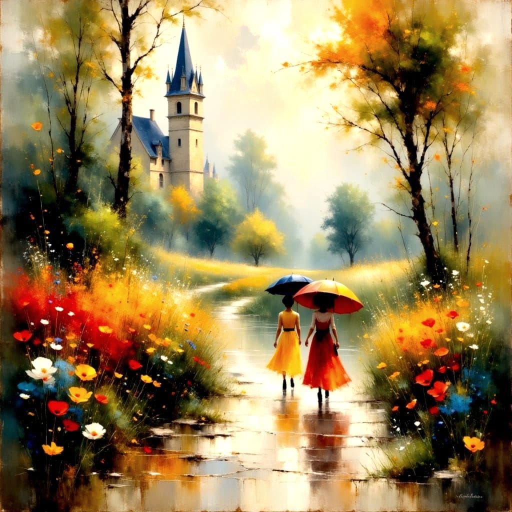 Rainy England Landscape with Impressionist Brushstrokes