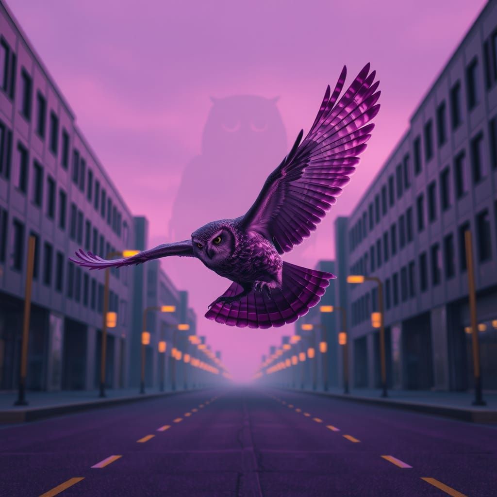 Purple Owl Flies Through Futuristic Cityscape