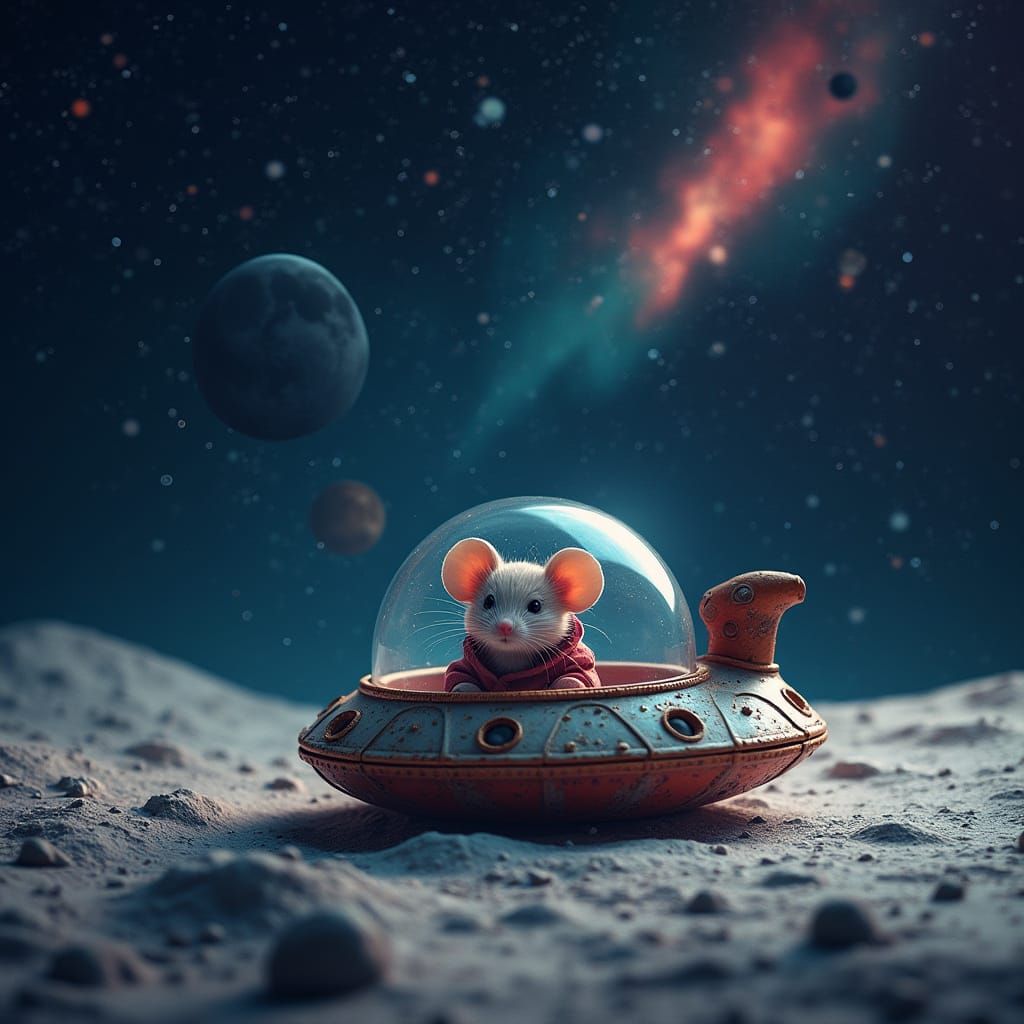 Starry Night Sky with Planets and Miniature Spaceship