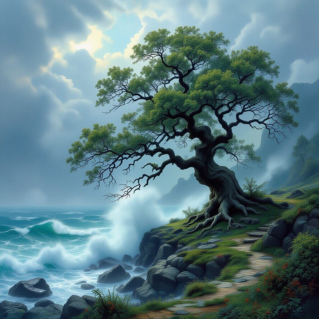 Ancient Oak on Stormy Coast with Ethereal Mist