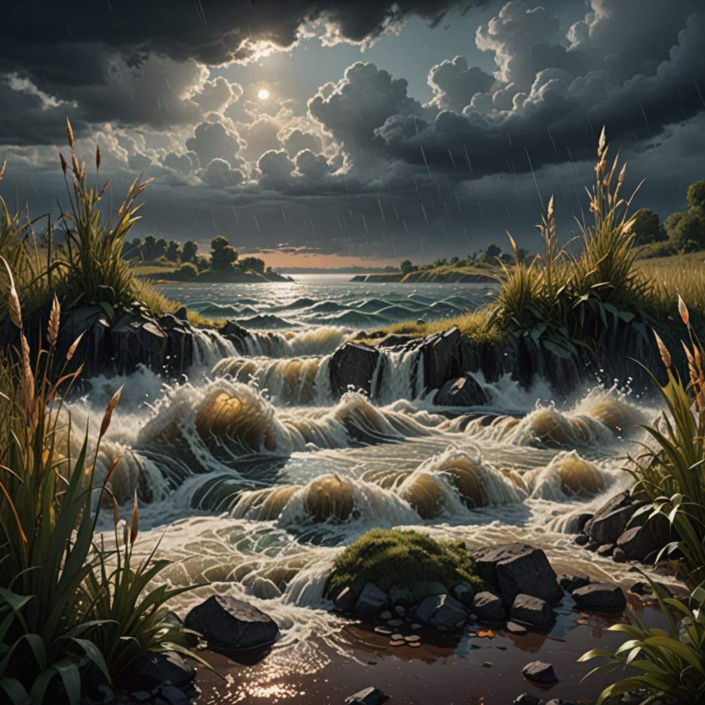 Rainstorm Over Lake: Detailed Matte Painting