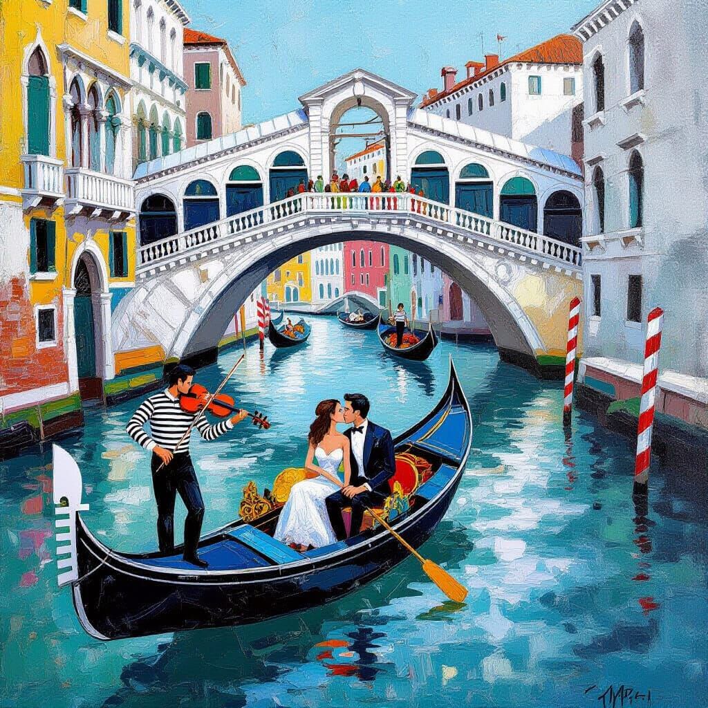 Venice Gondola Kiss in Abstract Impasto Style