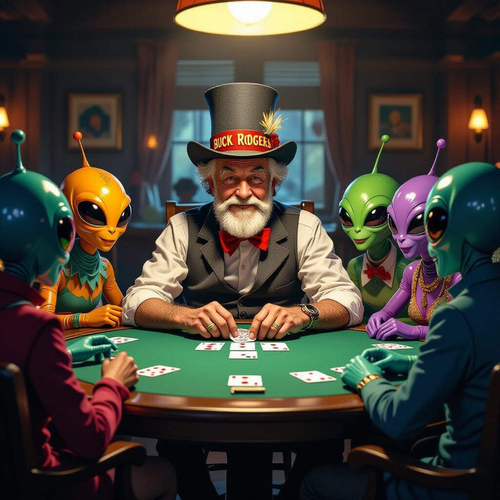 Elderly Man Plays Cards With Aliens in Comic Book Style